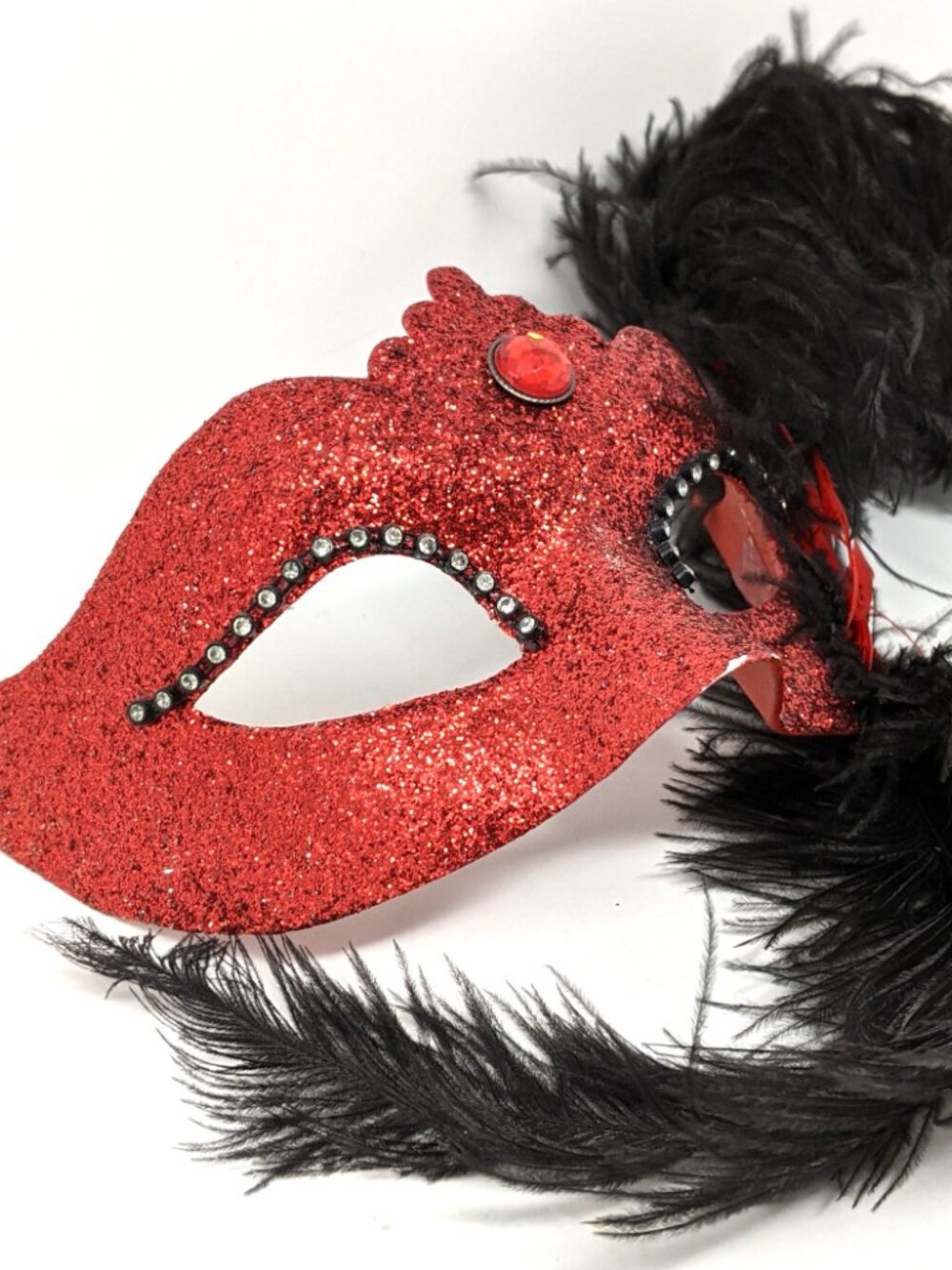Masquerade Face Mask Red Glitter Venezia Italy black feathers Costume Ball